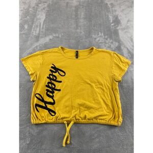 Electric Pink Womens Happy Graphic Tee Mustard Yellow Drawstring Hem Size L